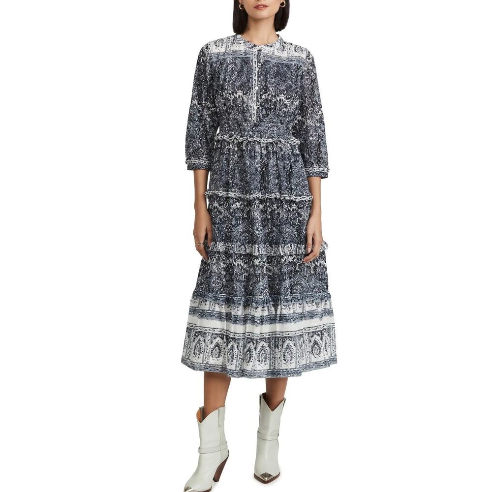 Cleobella Dalia Midi Dress Block‎ Print Organic Cotton Blue Small